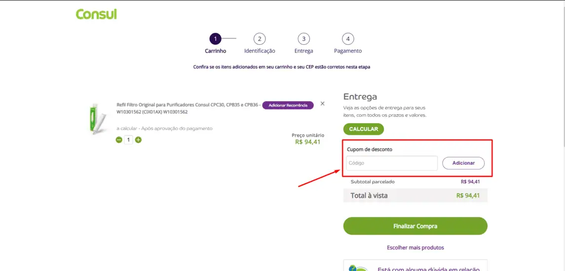 Onde inserir cupom de desconto Consul