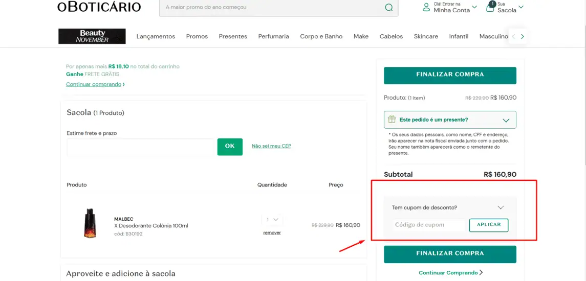Onde inserir cupom de desconto O Boticario