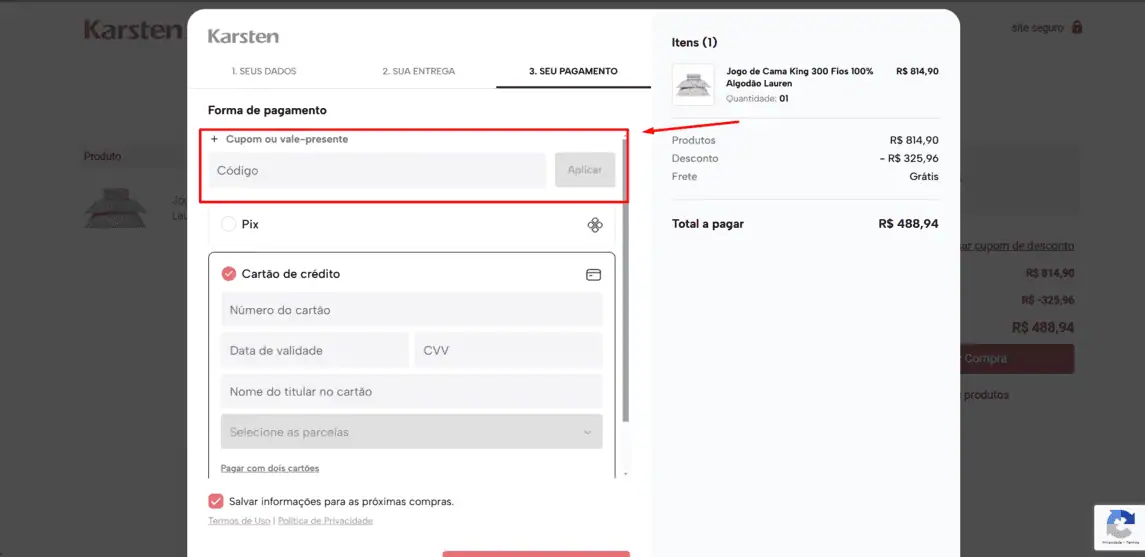 Onde inserir cupom de desconto Karsten