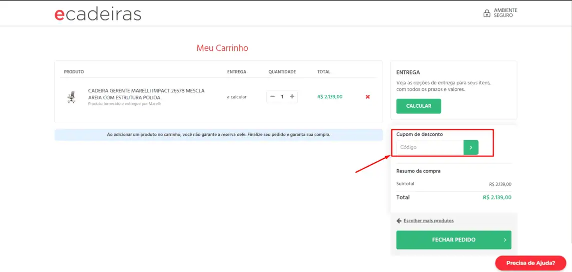 Onde inserir cupom de desconto E-Cadeiras