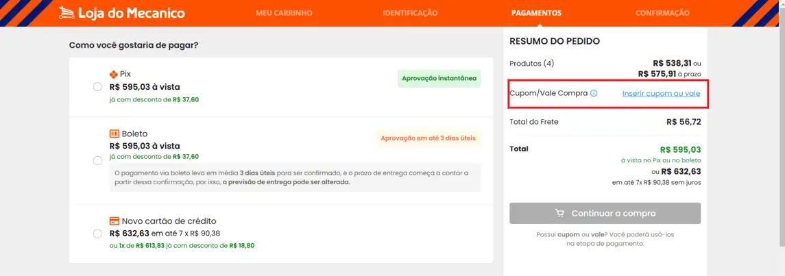 Onde inserir cupom de desconto Loja do Mecanico