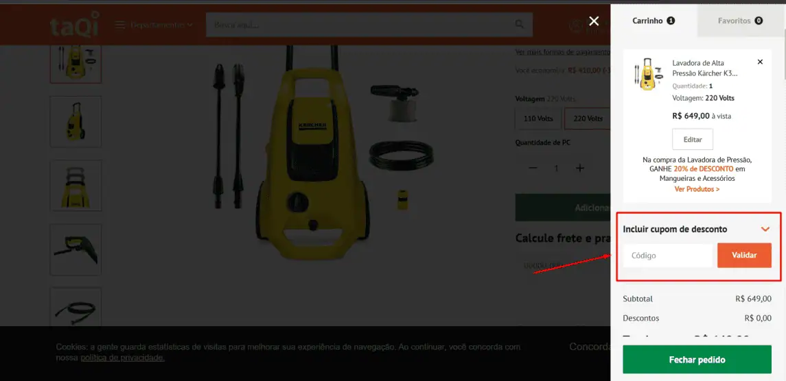 Onde inserir cupom de desconto Taqi