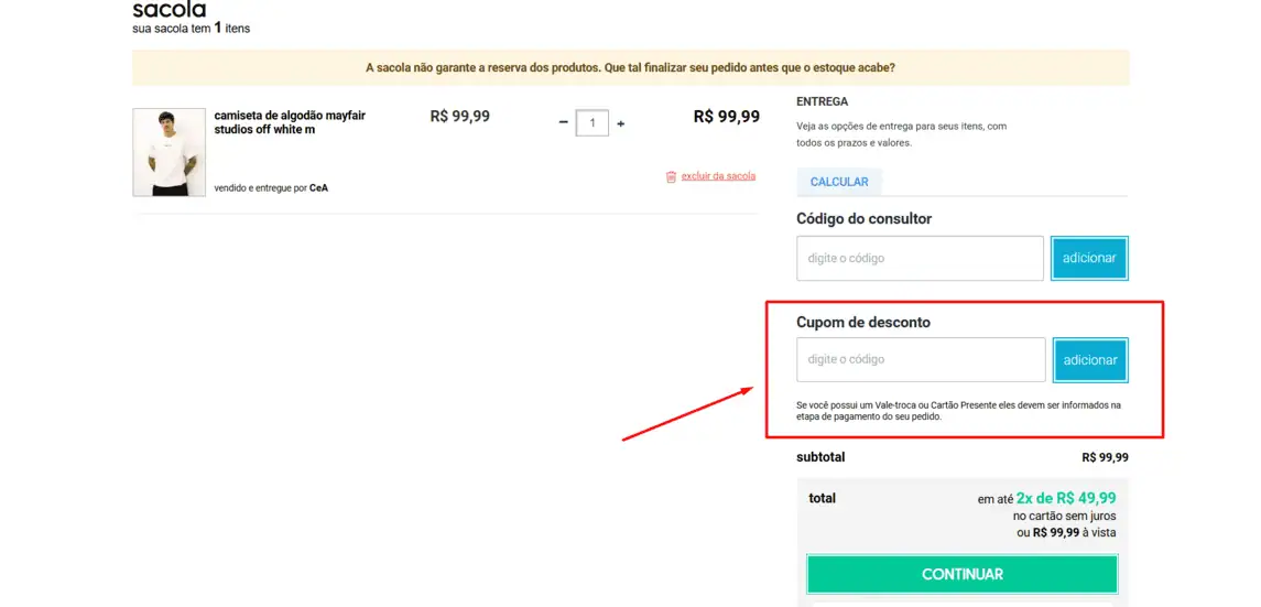 Onde inserir cupom de desconto C&A