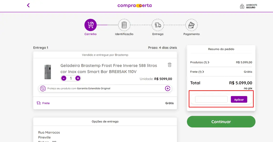 Onde inserir cupom de desconto Compra Certa