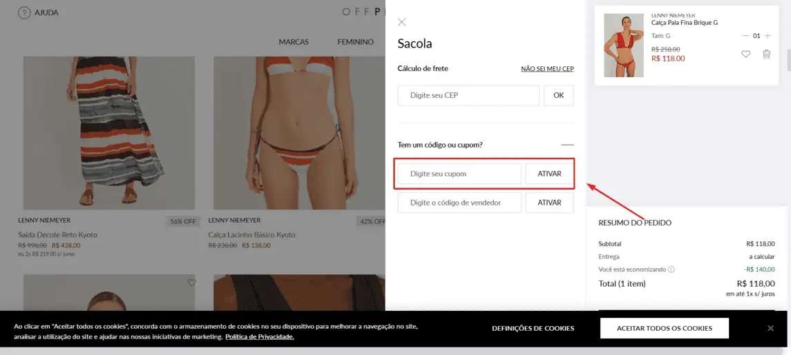 Onde inserir cupom de desconto Off Premium