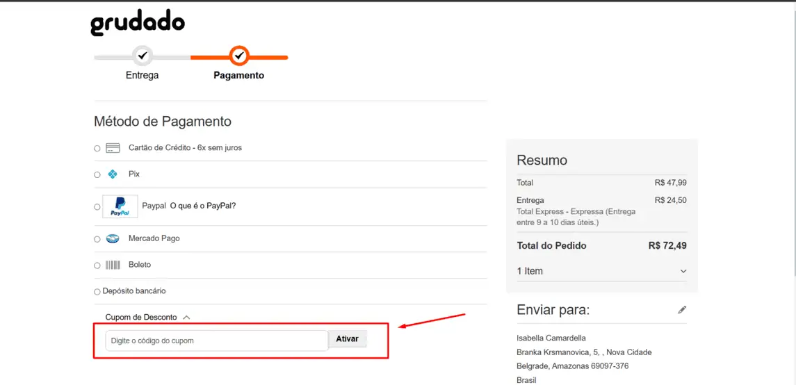 Onde inserir cupom de desconto Grudado