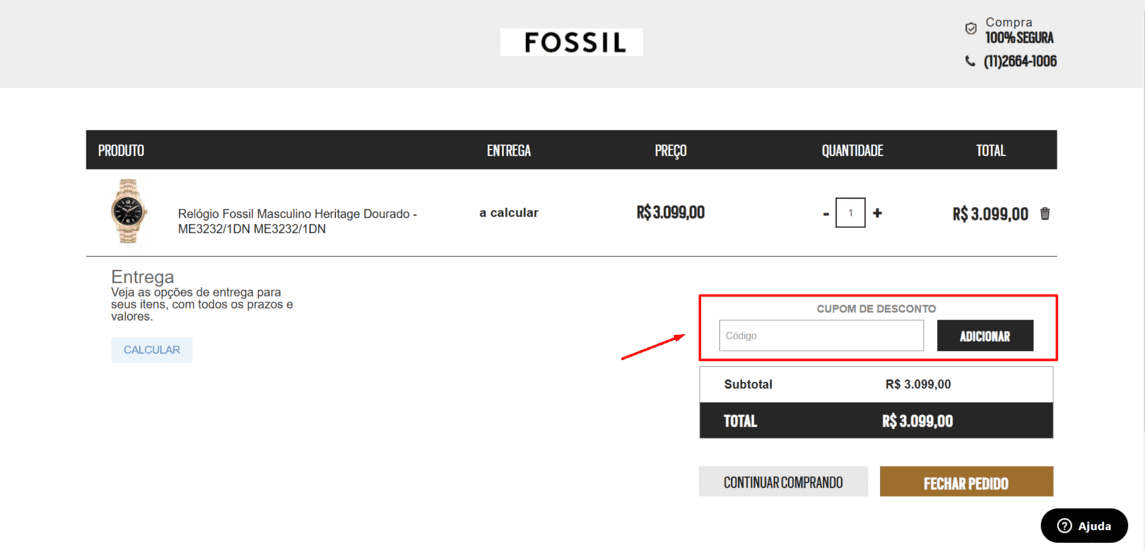 Onde inserir cupom de desconto Fossil