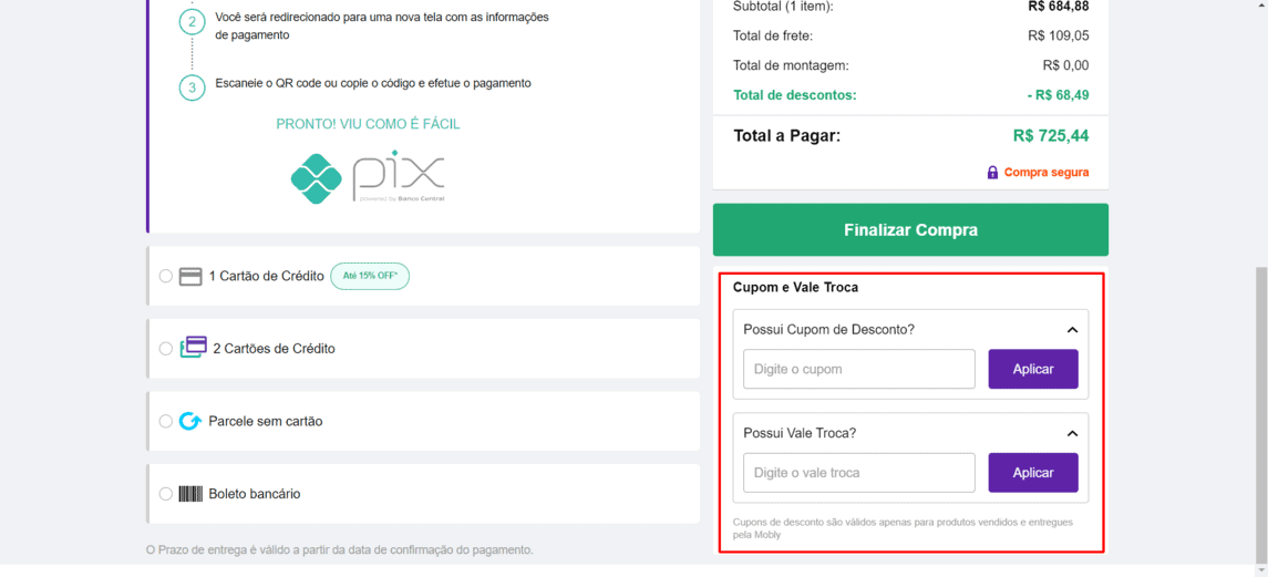 Onde inserir cupom de desconto Mobly