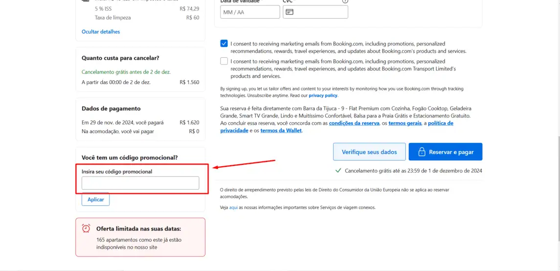 Onde inserir cupom de desconto Booking