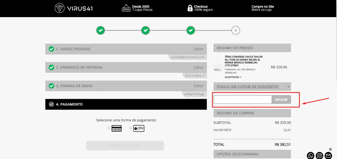 Onde inserir cupom de desconto Loja Virus