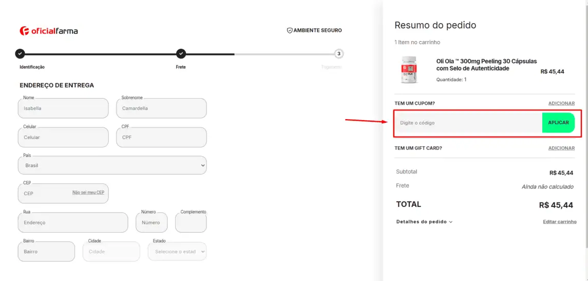 Onde inserir cupom de desconto Oficial Farma