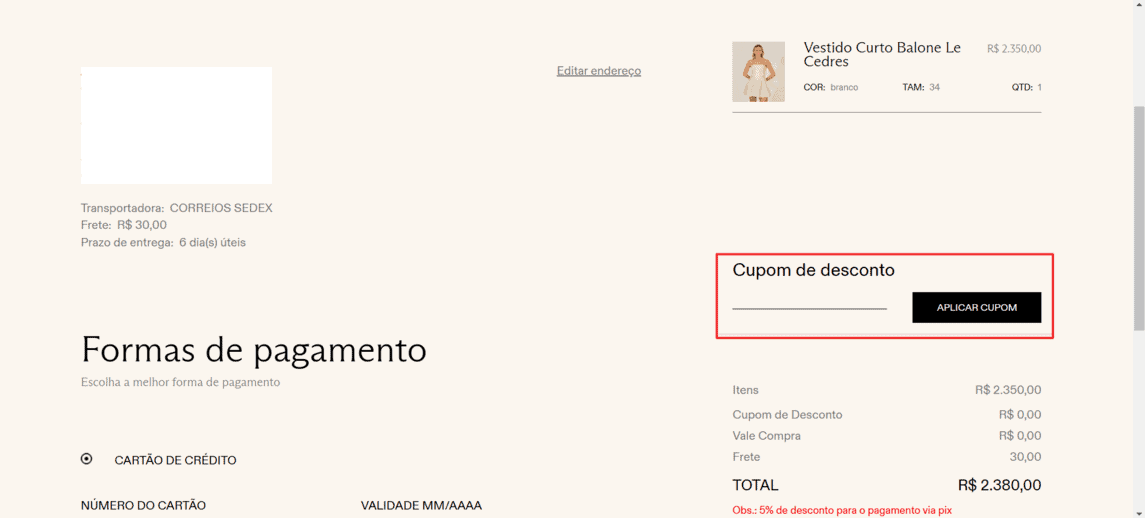 Onde inserir cupom de desconto Amissima
