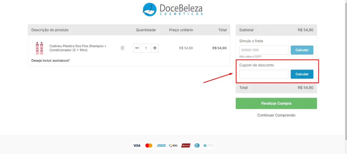 Onde inserir cupom de desconto Doce Beleza