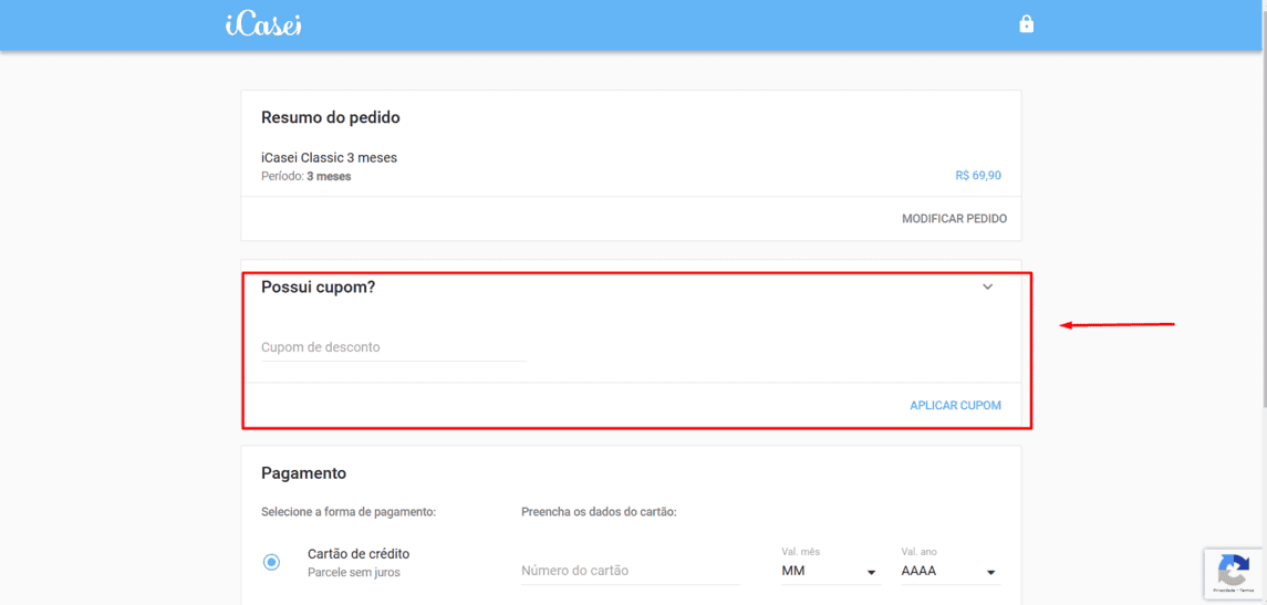 Onde inserir cupom de desconto ICasei