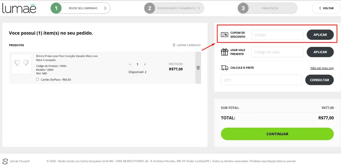 Onde inserir cupom de desconto Lumae