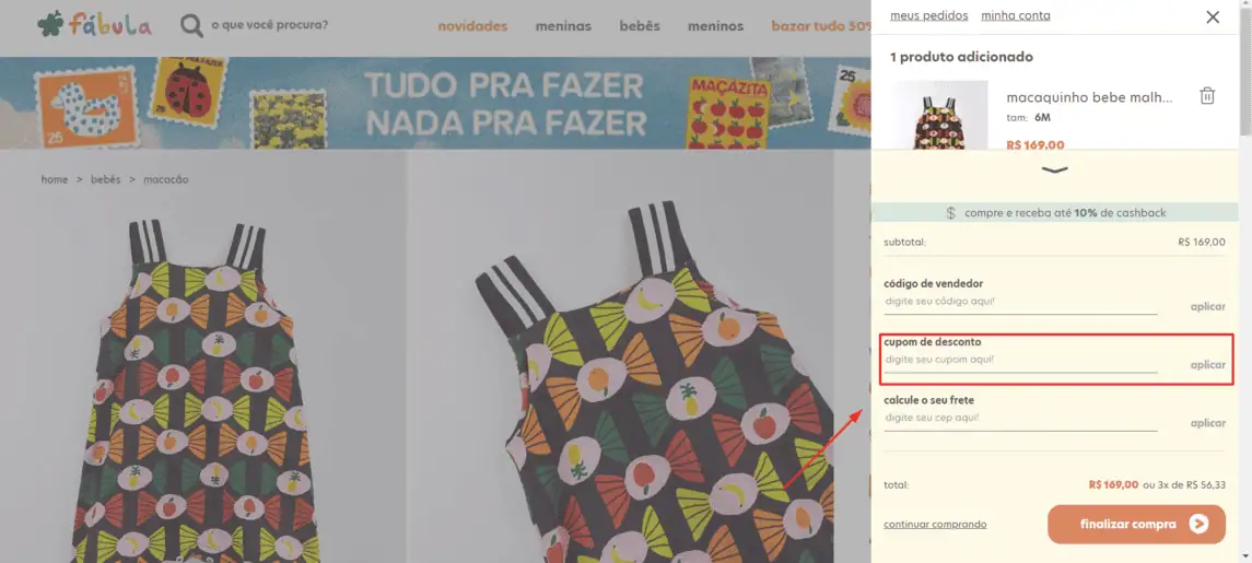Onde inserir cupom de desconto A Fabula