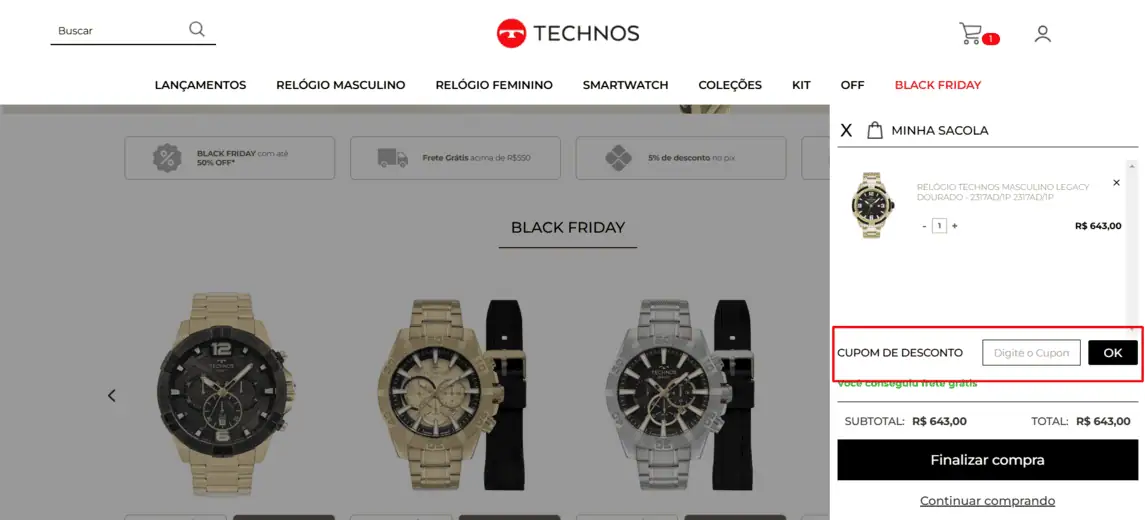 Onde inserir cupom de desconto Technos
