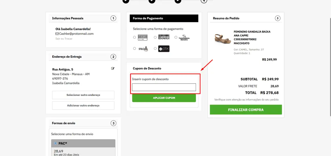 Onde inserir cupom de desconto Anita Online