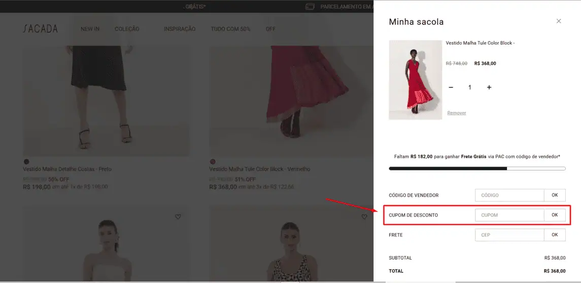 Onde inserir cupom de desconto Sacada