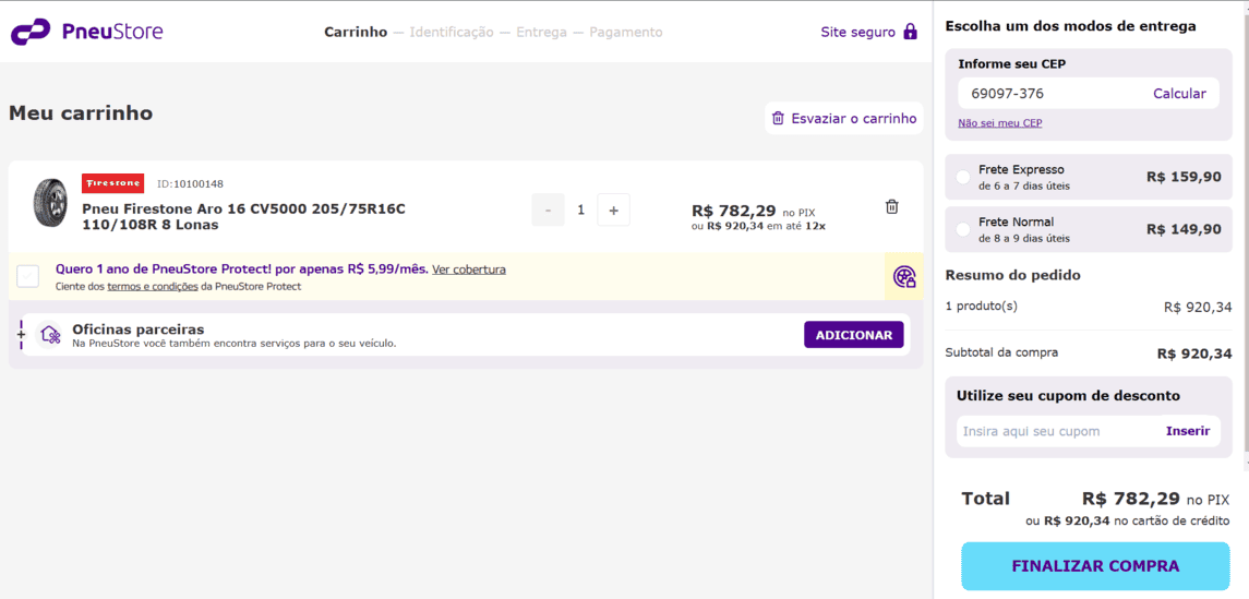 Onde inserir cupom de desconto PneuStore