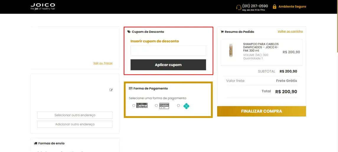 Onde inserir cupom de desconto Joico