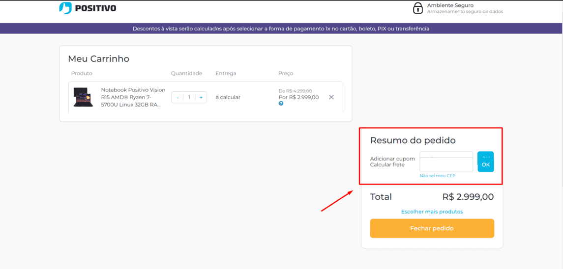 Onde inserir cupom de desconto Positivo