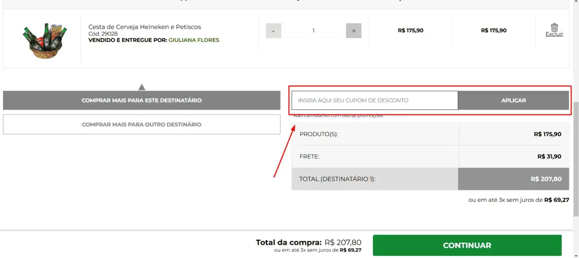 Onde inserir cupom de desconto Giuliana Flores