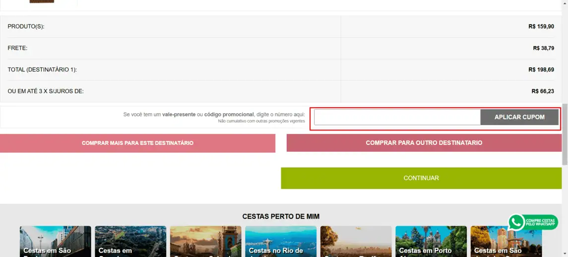 Onde inserir cupom de desconto Cestas Michelli