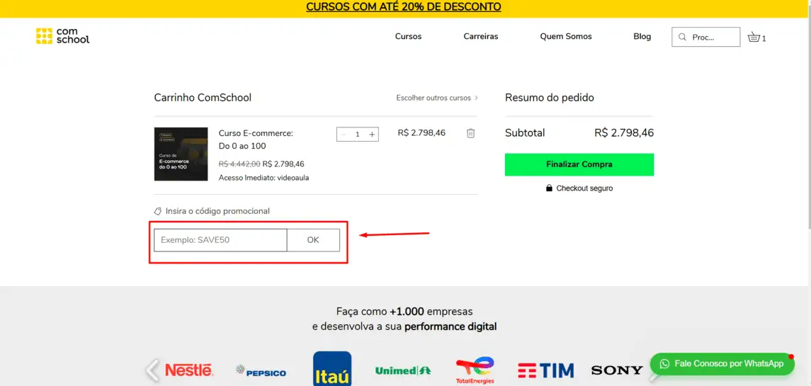 Onde inserir cupom de desconto ComSchool
