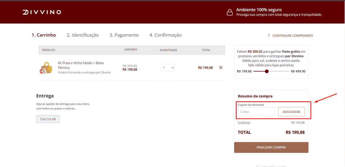Onde inserir cupom de desconto Divvino