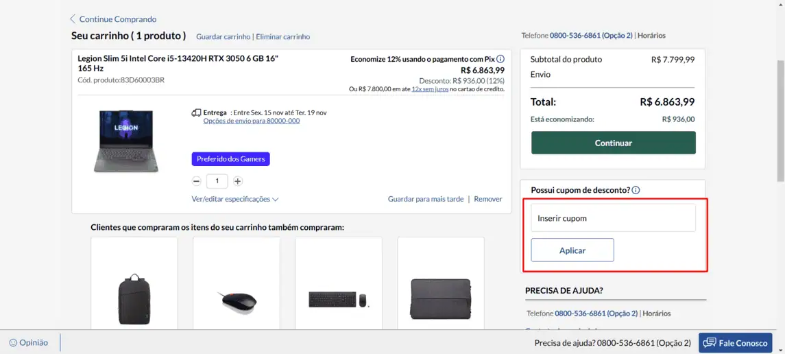 Onde inserir cupom de desconto Lenovo