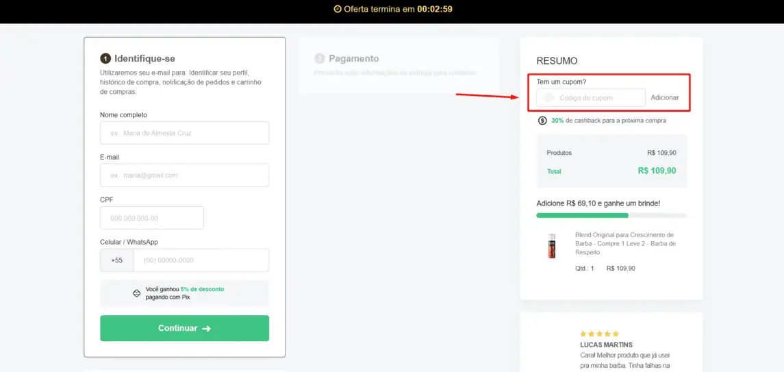 Onde inserir cupom de desconto Barba de respeito