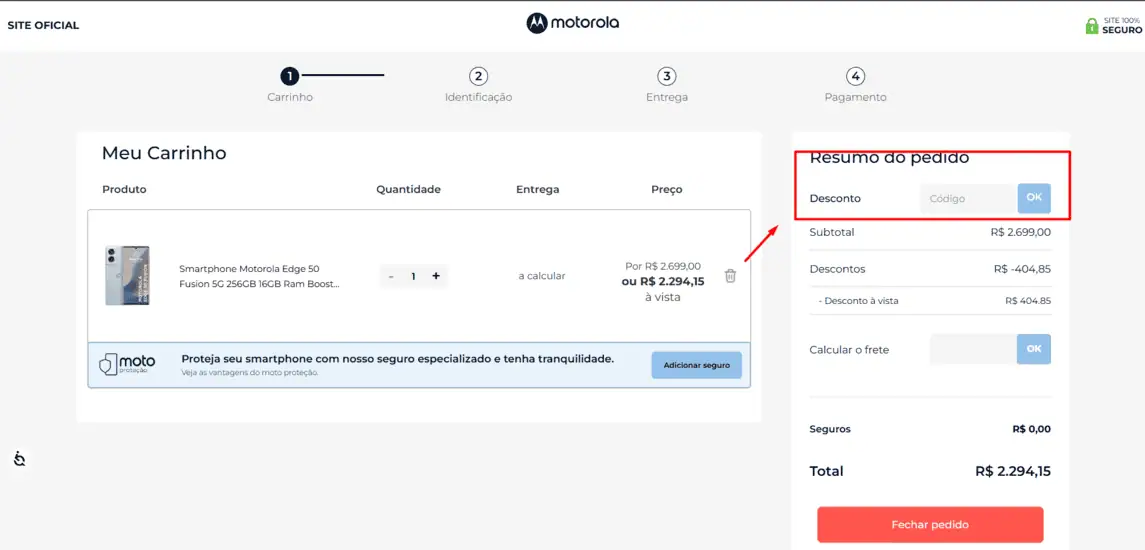 Onde inserir cupom de desconto Motorola