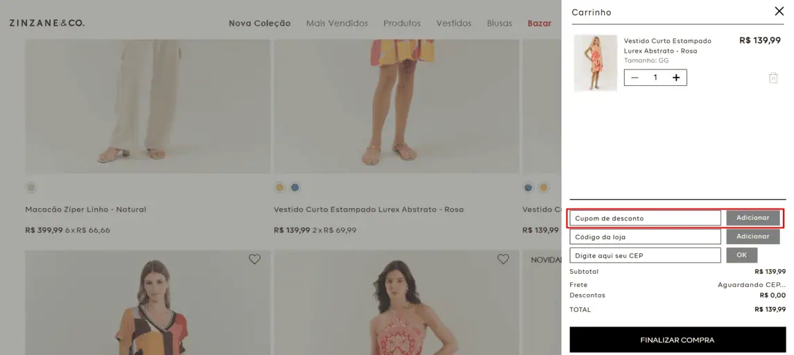 Onde inserir cupom de desconto Zinzane