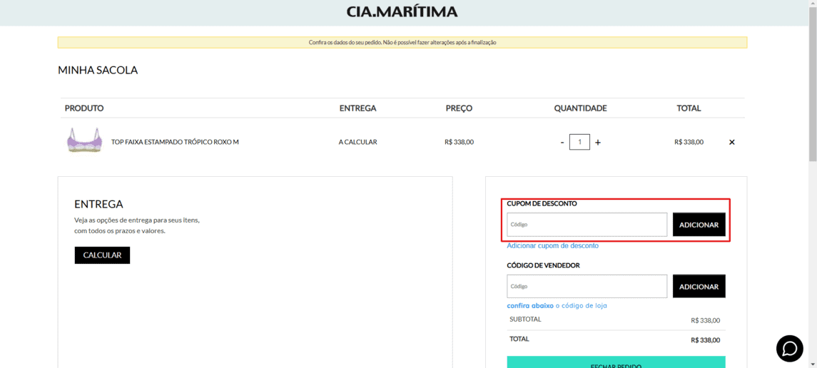 Onde inserir cupom de desconto Cia Maritima