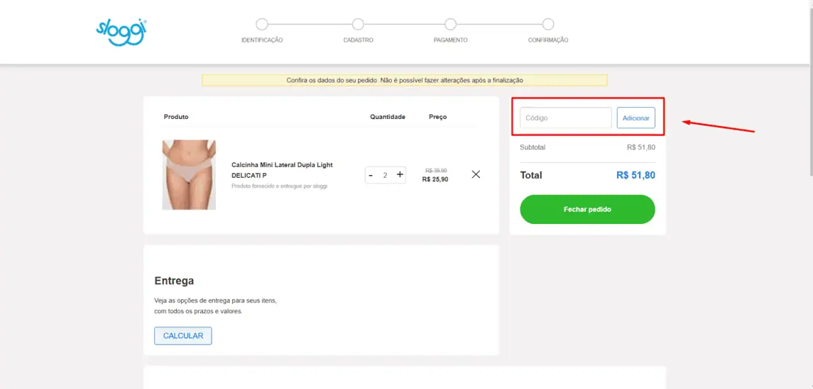 Onde inserir cupom de desconto Sloggi