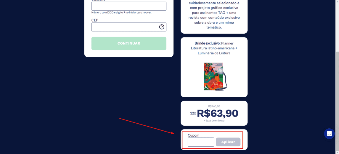 Onde inserir cupom de desconto Tag Livros