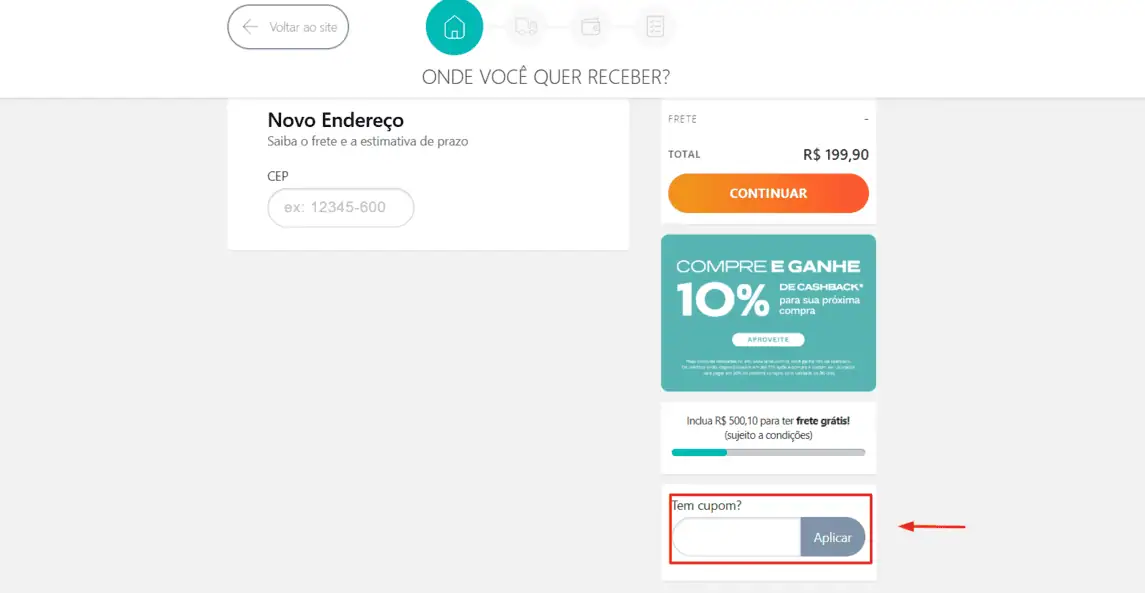 Onde inserir cupom de desconto Artex
