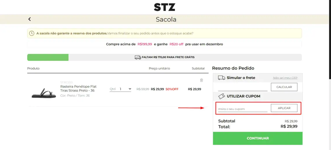 Onde inserir cupom de desconto Studio Z