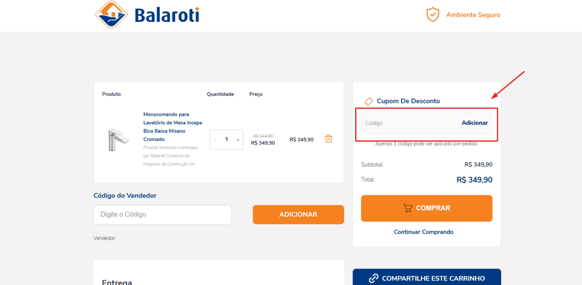 Onde inserir cupom de desconto Balaroti