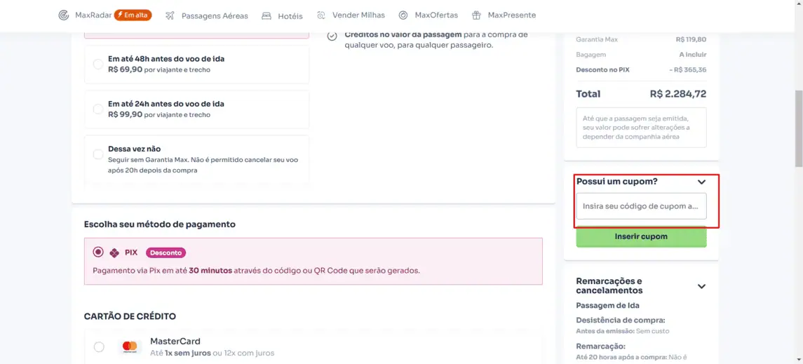 Onde inserir cupom de desconto Max Milhas
