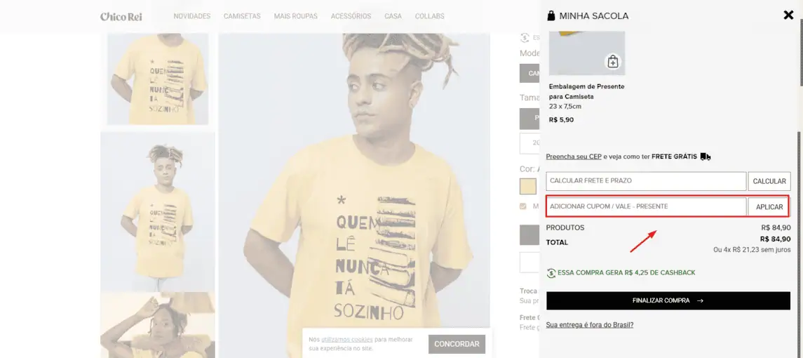 Onde inserir cupom de desconto Chico Rei
