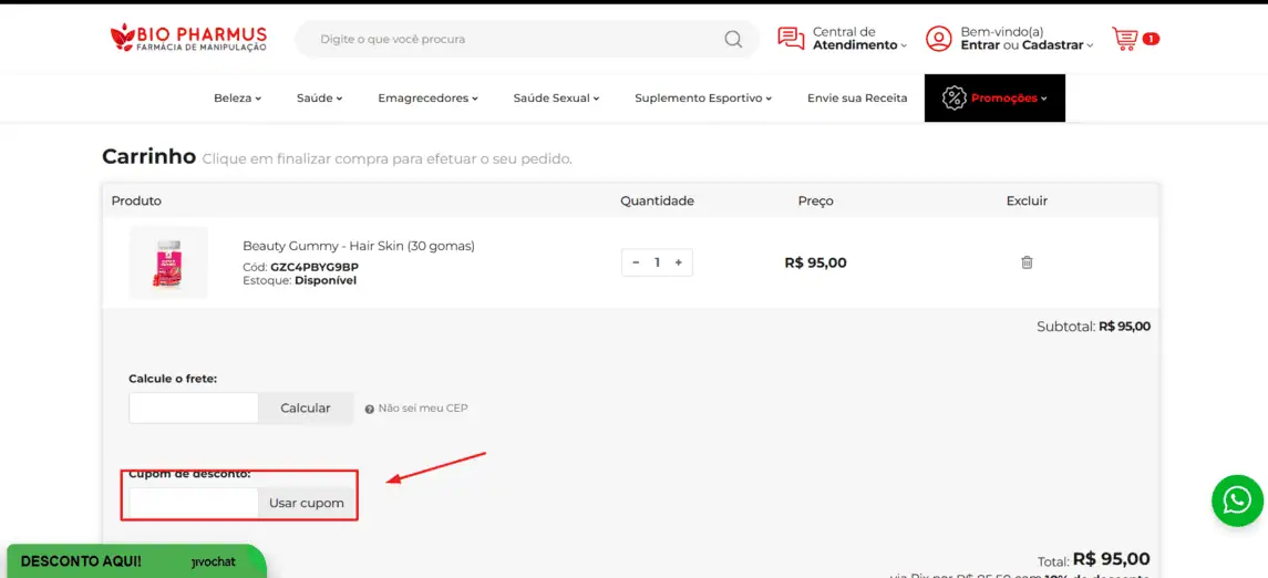 Onde inserir cupom de desconto Bio Pharmus