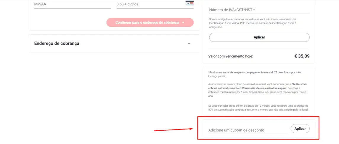 Onde inserir cupom de desconto ShutterStock