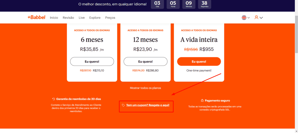 Onde inserir cupom de desconto Babbel