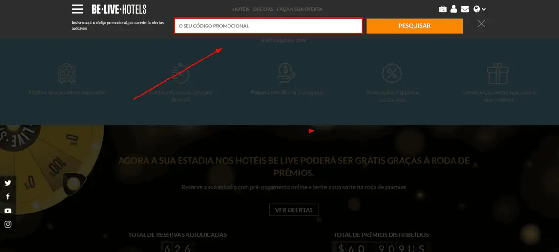 Onde inserir cupom de desconto Be Live Hotels