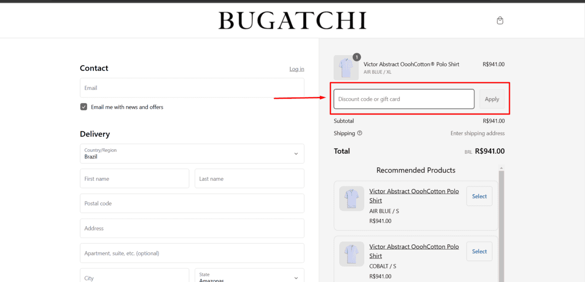 Onde inserir cupom de desconto Bugatchi