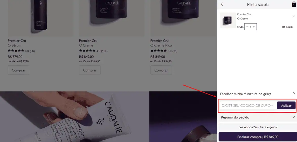 Onde inserir cupom de desconto Caudalie