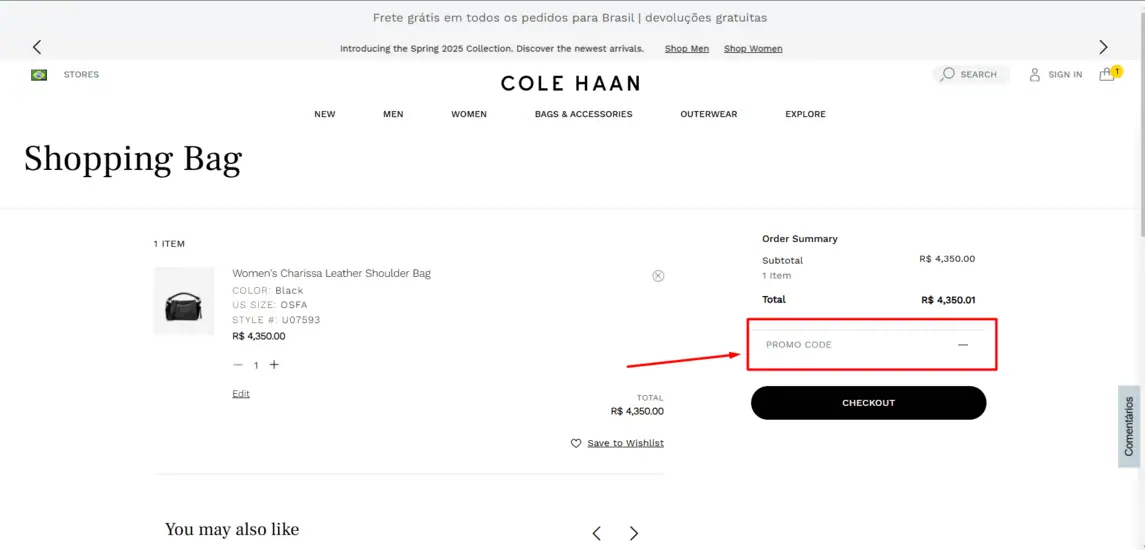 Onde inserir cupom de desconto Cole Haan