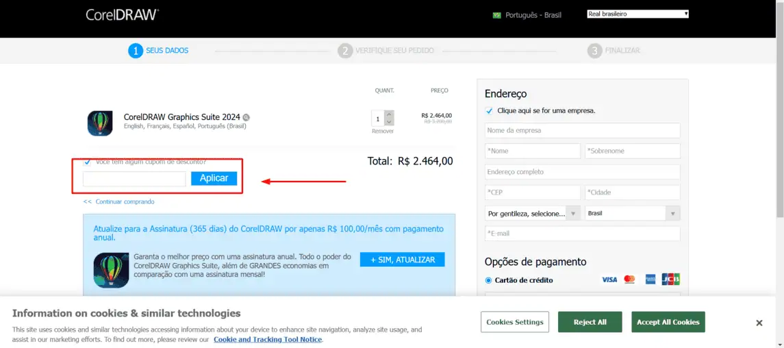 Onde inserir cupom de desconto Corel